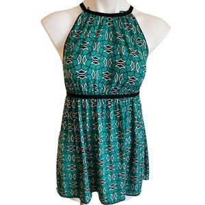 Max Studio Dress Sleeveless XS Green White Black Stretch Waist Band Ruff…